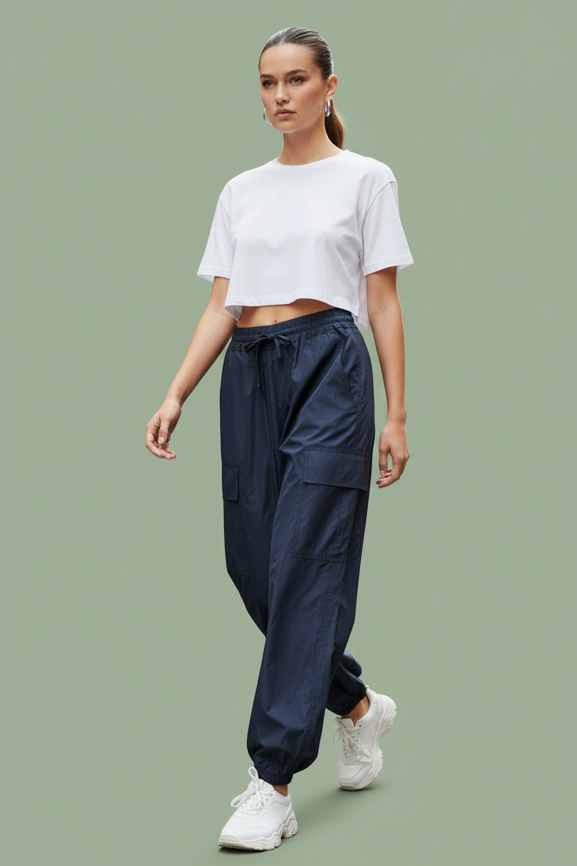 Cargo blu navy sfondo verde salvia