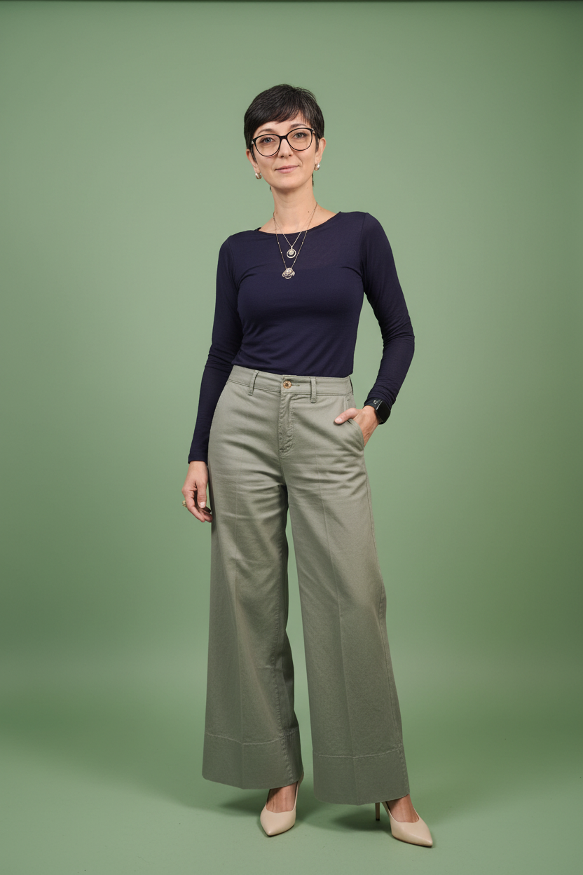 Modella con pantalone verde salvia su sfondo verde salvia