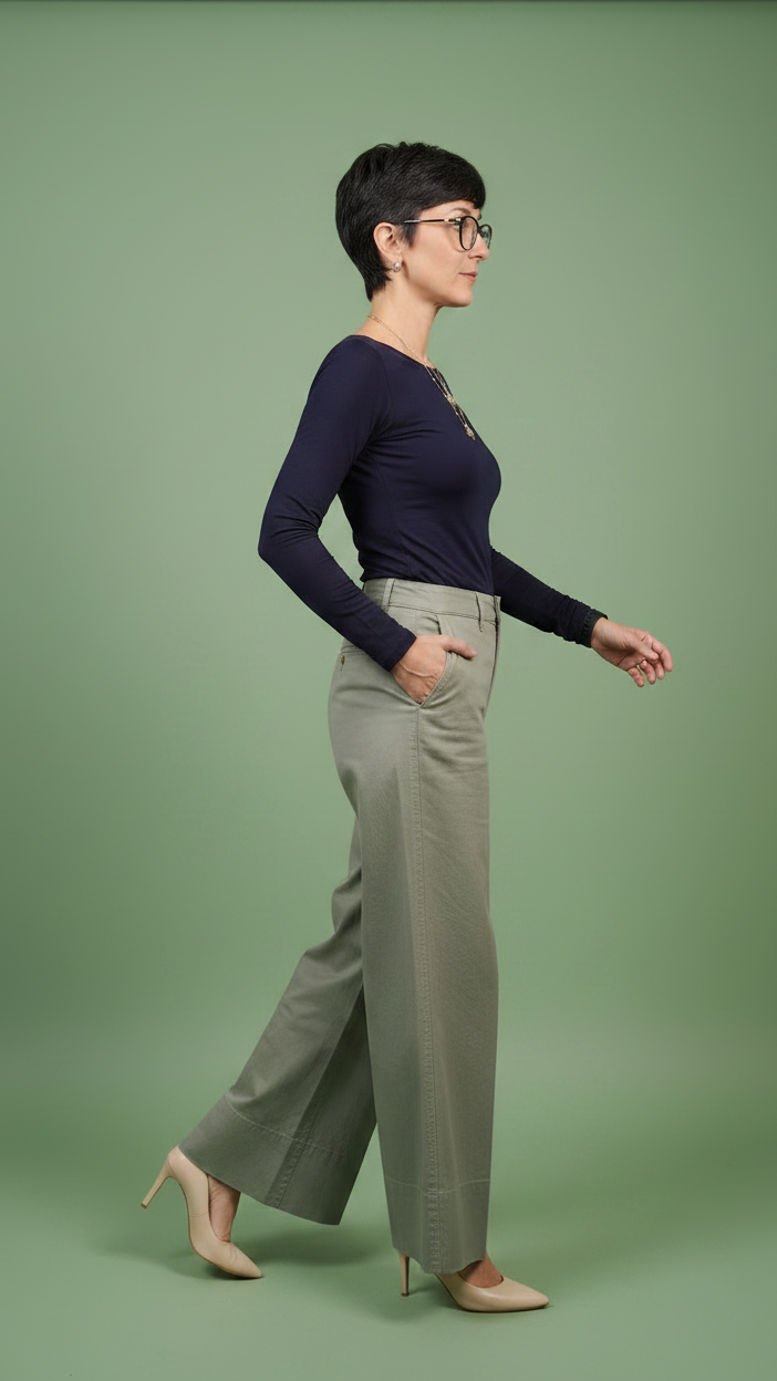 Modella di profilo mentre cammina con pantalone verde salvia